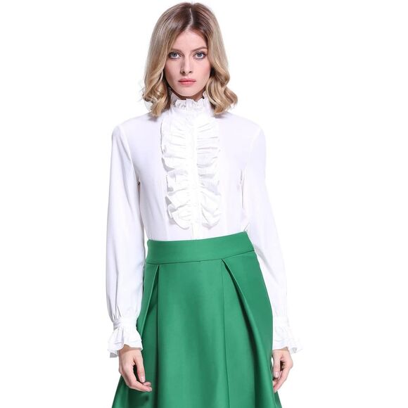 Victorian Gothic Shirt Vintage Ruffle Long Sleeve Blouse Tops XL White - Picture 2 of 5